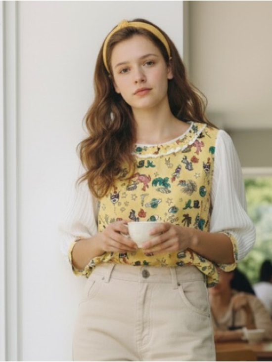 Tops - Playful Yellow Blouse with White Sleeves.